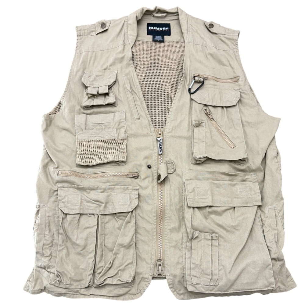 Humvee Adventure Gear Vest Sz L Khaki Multi Pocket Utility Travel Fishing Safari